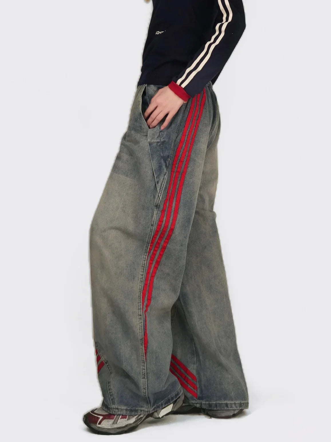 Loose Trendy Brand, Straight Striped Splicing, Casual Wide-Leg Pants