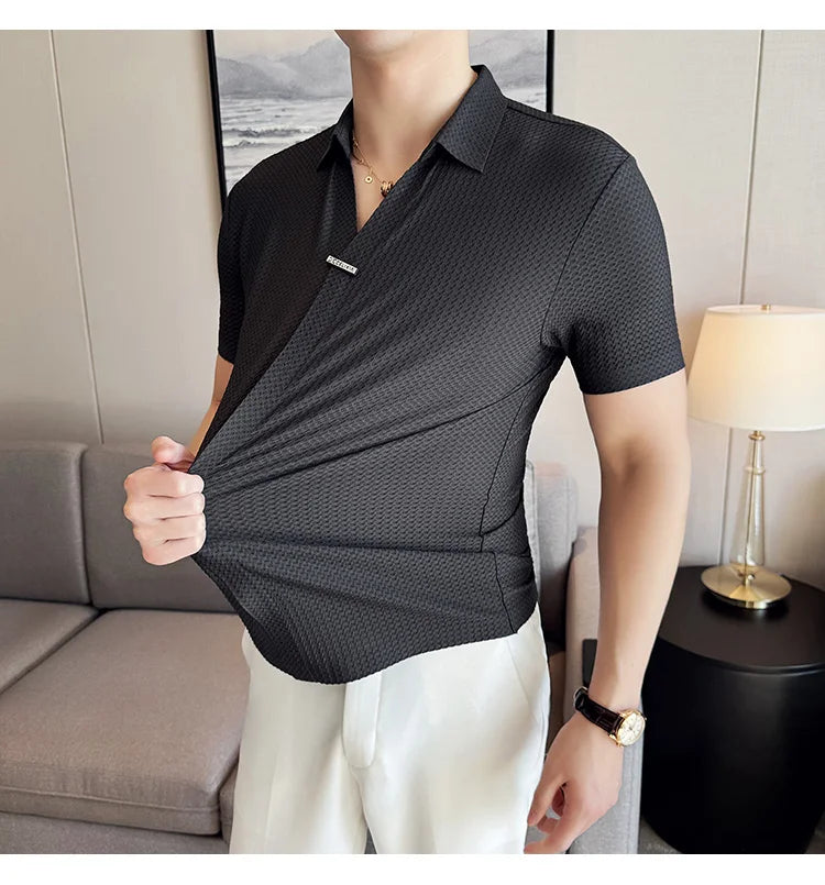 High-Grade Ice Silk Seamless Adhesive Polo Shirt, High-Elastic V-neck Thin Waffle Short-Sleeved Golf Shirt, T-shirt