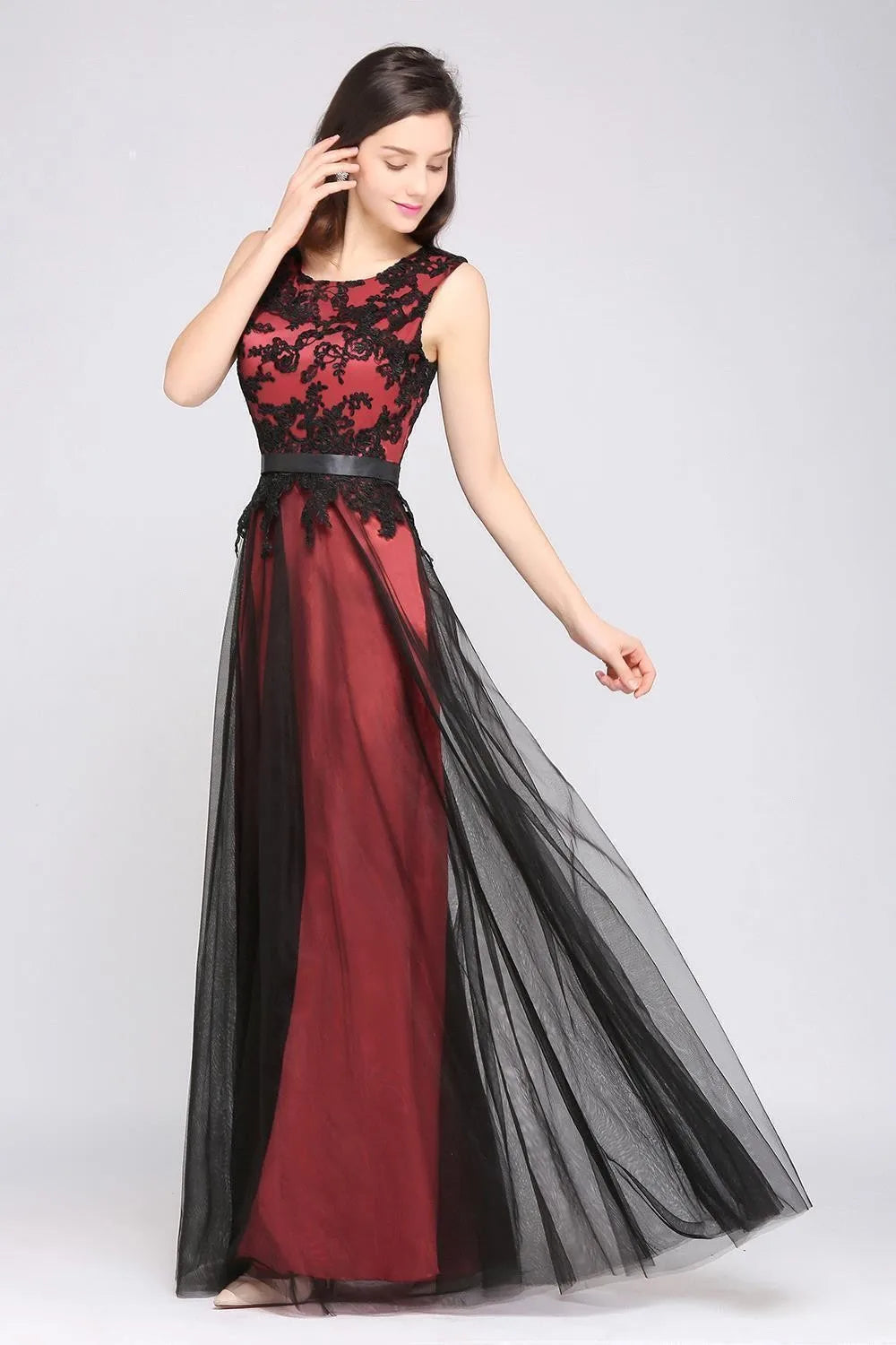 Elegant Black Lace Red Evening Dresses Long Appliques Chiffon With Sashes Pink Green Burgundy Formal Prom Gown Vestido de Fiesta