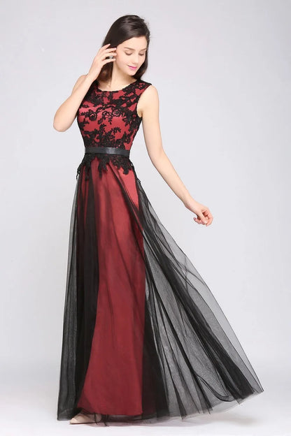 Elegant Black Lace Red Evening Dresses Long Appliques Chiffon With Sashes Pink Green Burgundy Formal Prom Gown Vestido de Fiesta