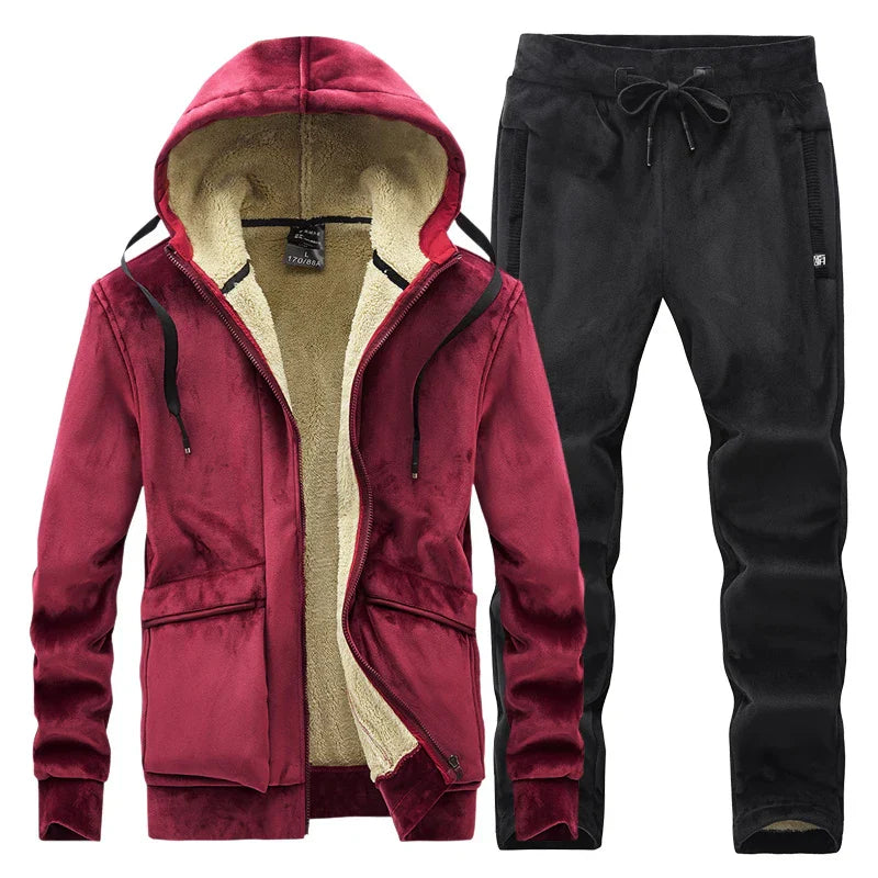 Mens Fleece Warm Tracksuit Male Winter Warm Hooded Fashion Sets Mens Hoodies + Pants Sportswear Sets WinterThick Set