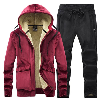 Mens Fleece Warm Tracksuit Male Winter Warm Hooded Fashion Sets Mens Hoodies + Pants Sportswear Sets WinterThick Set