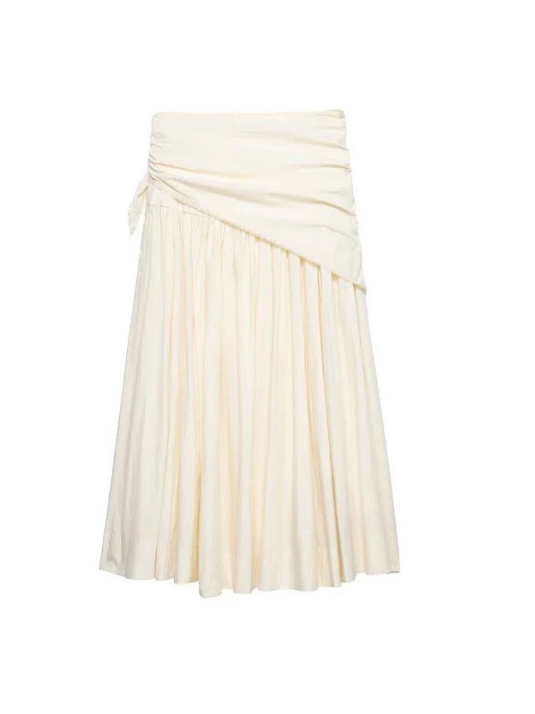 Women MIDI Skirts 2026 Fashion Solid Wrap Drawstring Bow High Waist Pleated Female Elegant Street Skirt Clothes