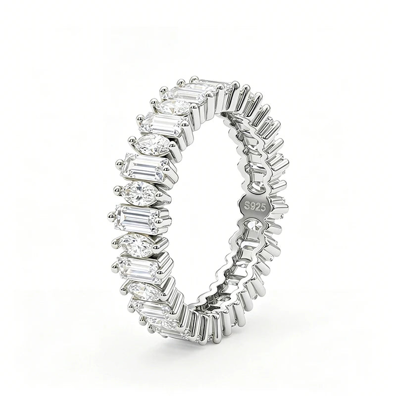 18k Plated 2*4mm Full Moissanite Rings for Women Emerald Cut Full Eternity Band S925 Sterling Silver Pass Diamond Tester