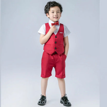 Boys Formal Birthday Photograph Suit Kids Summer Vest Shirt Short Bowtie Wedding Dress Teenager Suit Children Graduation Costume