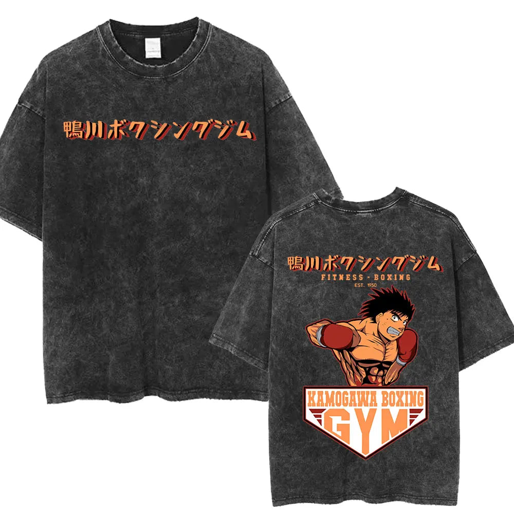 Anime Hajime No Ippo Washed Vintage T-shirt Kamogawa Boxing Gym Harajuku T-shirts Makunouchi Takamura KGB Loose Cotton T Shirt