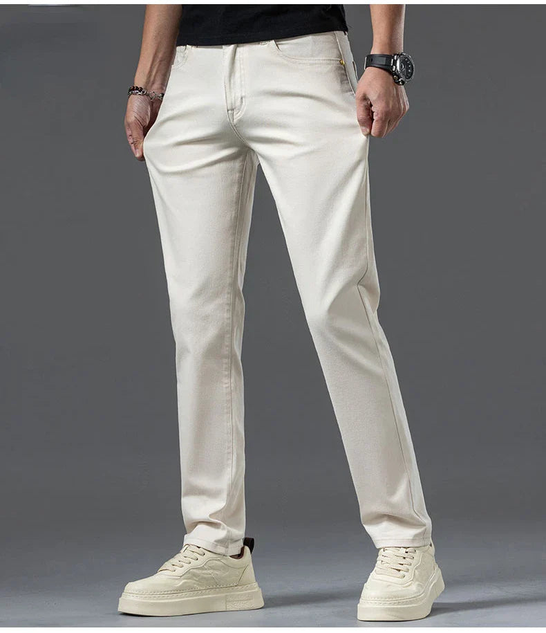 2024 New Men's Khaki White Cotton Stretch Slim Smart Jeans Casual Straight Business Fashion Beige Brand Denim Trousers