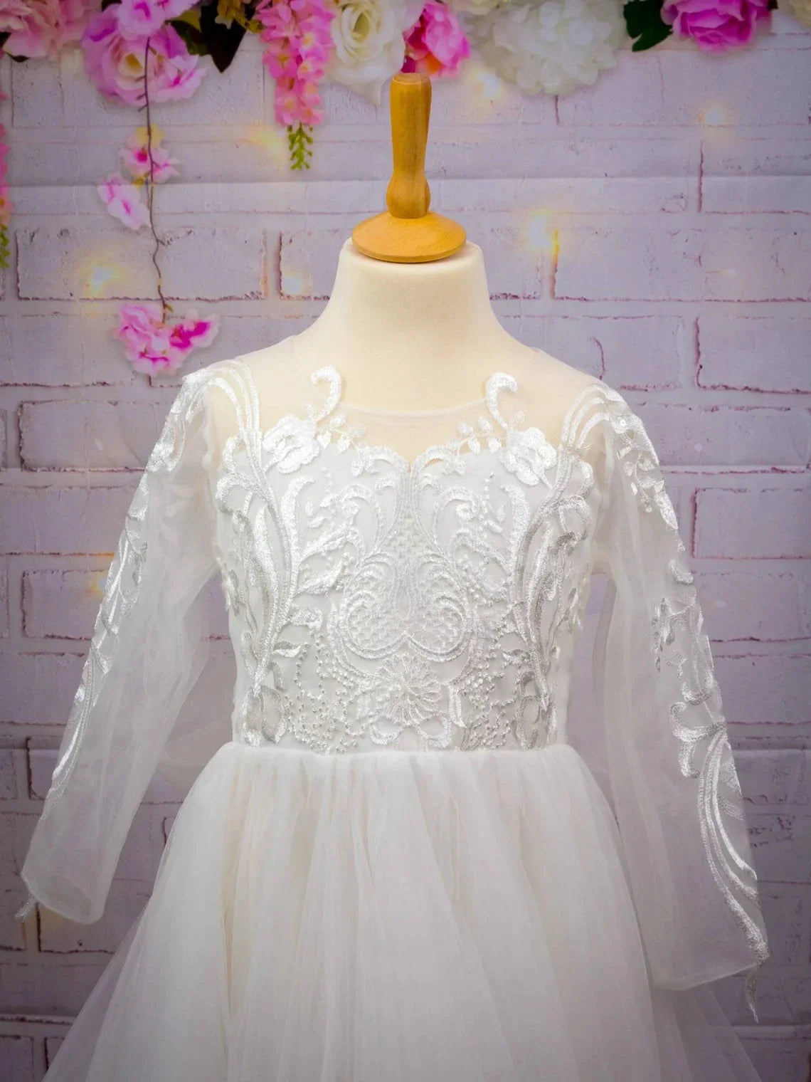 Holy White CVommunion Dress Long Sleeve Lace and Floral on Bodice Top Sequins Tulle-Skirt Flowy A-line Gormal Gown