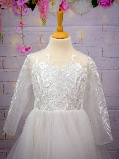 Holy White CVommunion Dress Long Sleeve Lace and Floral on Bodice Top Sequins Tulle-Skirt Flowy A-line Gormal Gown