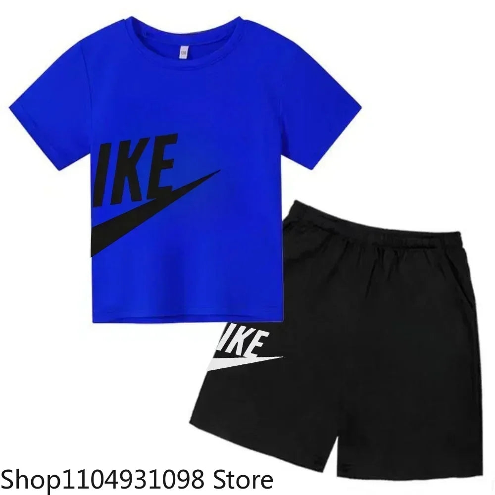 Fashion Sport 2Pcs Outfit, Printed Short Sleeve Tee and Shorts, Comfortable Summer Tracksuit for Boys Girls