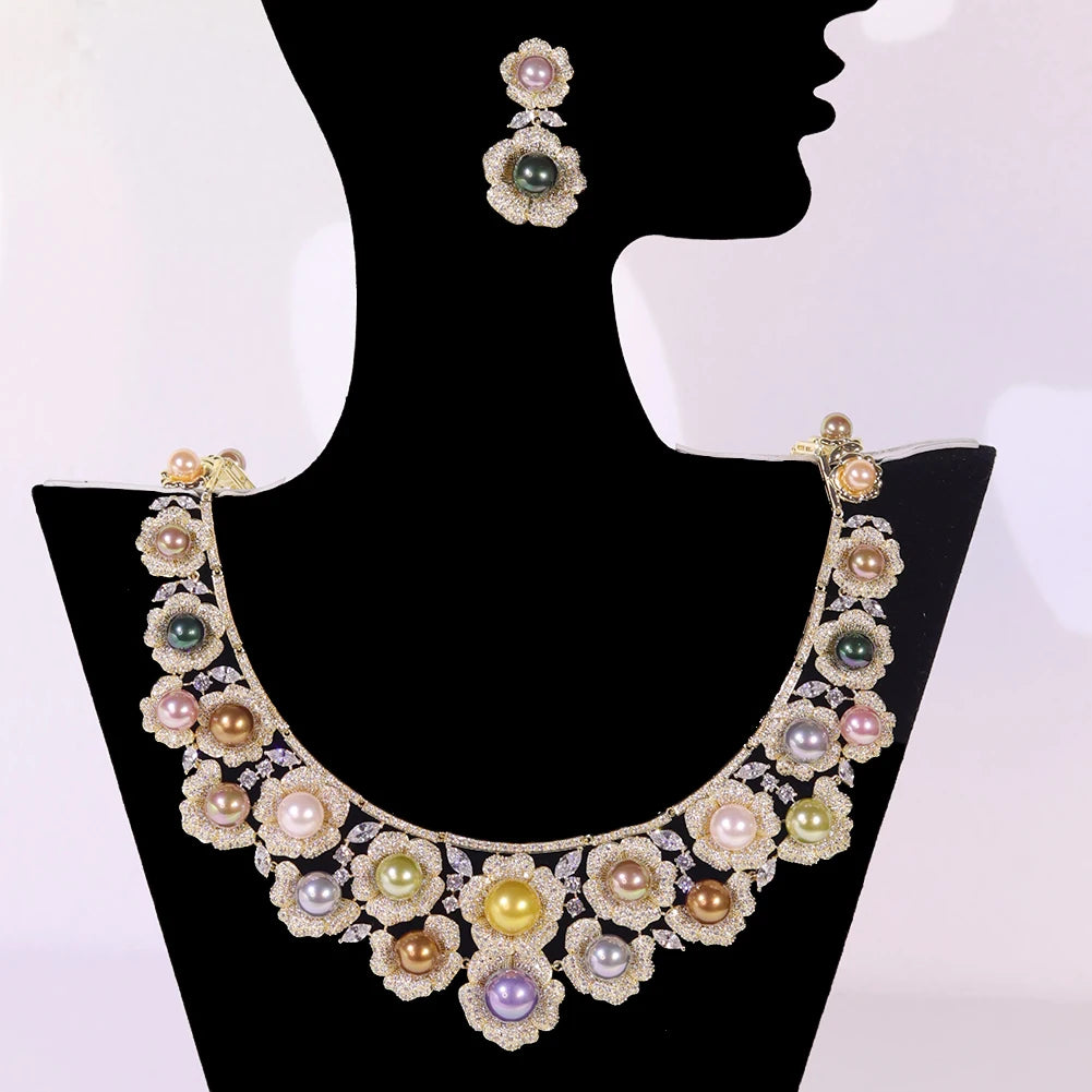 High Quality Zircon Pearls Jewelry sets Luxury Designer Flower Necklace Women Sparkling Dubai Bridal Party Costume Accessories