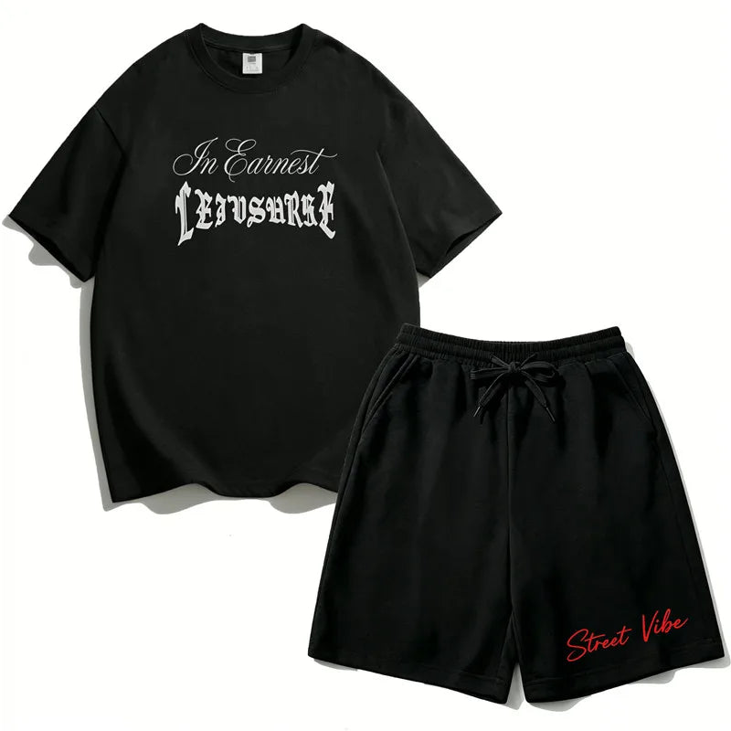 2Pcs Boys Cotton Summer Outfit Gothic Street Style Print T-shirt and Shorts Casual Sportswear for Kids 3-14Y RZ29