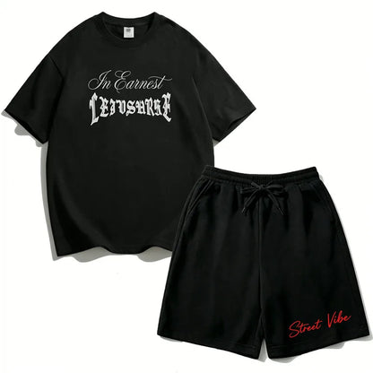 2Pcs Boys Cotton Summer Outfit Gothic Street Style Print T-shirt and Shorts Casual Sportswear for Kids 3-14Y RZ29
