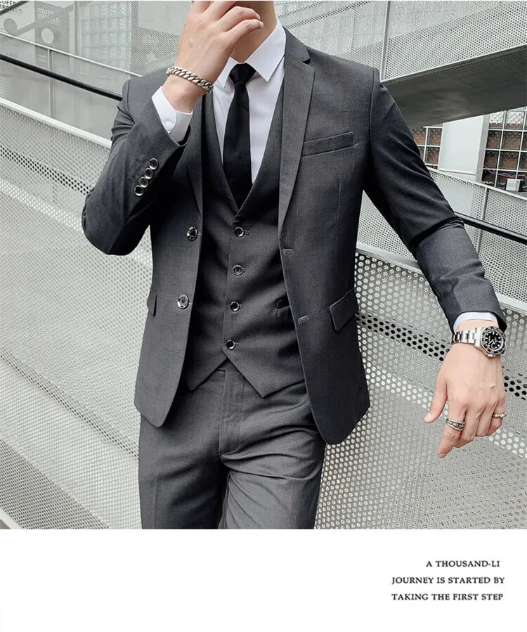 Solid Color Suit Men's Fashionable Gentleman Business Banquet Korean-style Formal Dress Casual Wedding (Blazer+Vest+Trousers)