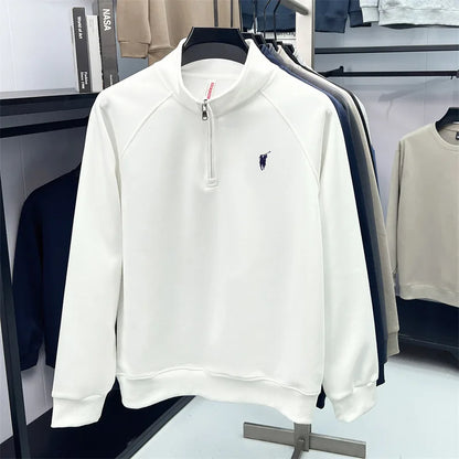 Half zip hoodie men's long sleeved t-shirt autumn plus size middle-aged and young embroidered pony logo collar polo shirt top