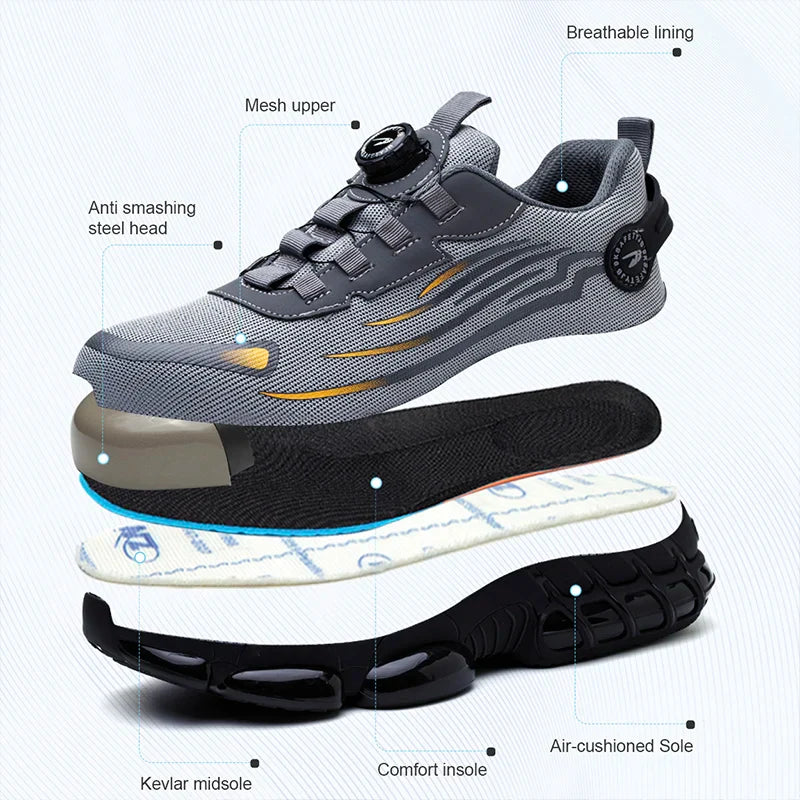 Hot Rotary Buckle Work Safety Shoes For Men Air Soft Sole Lightweight Protective Work Sneakers Men Breathable Safety Footwear