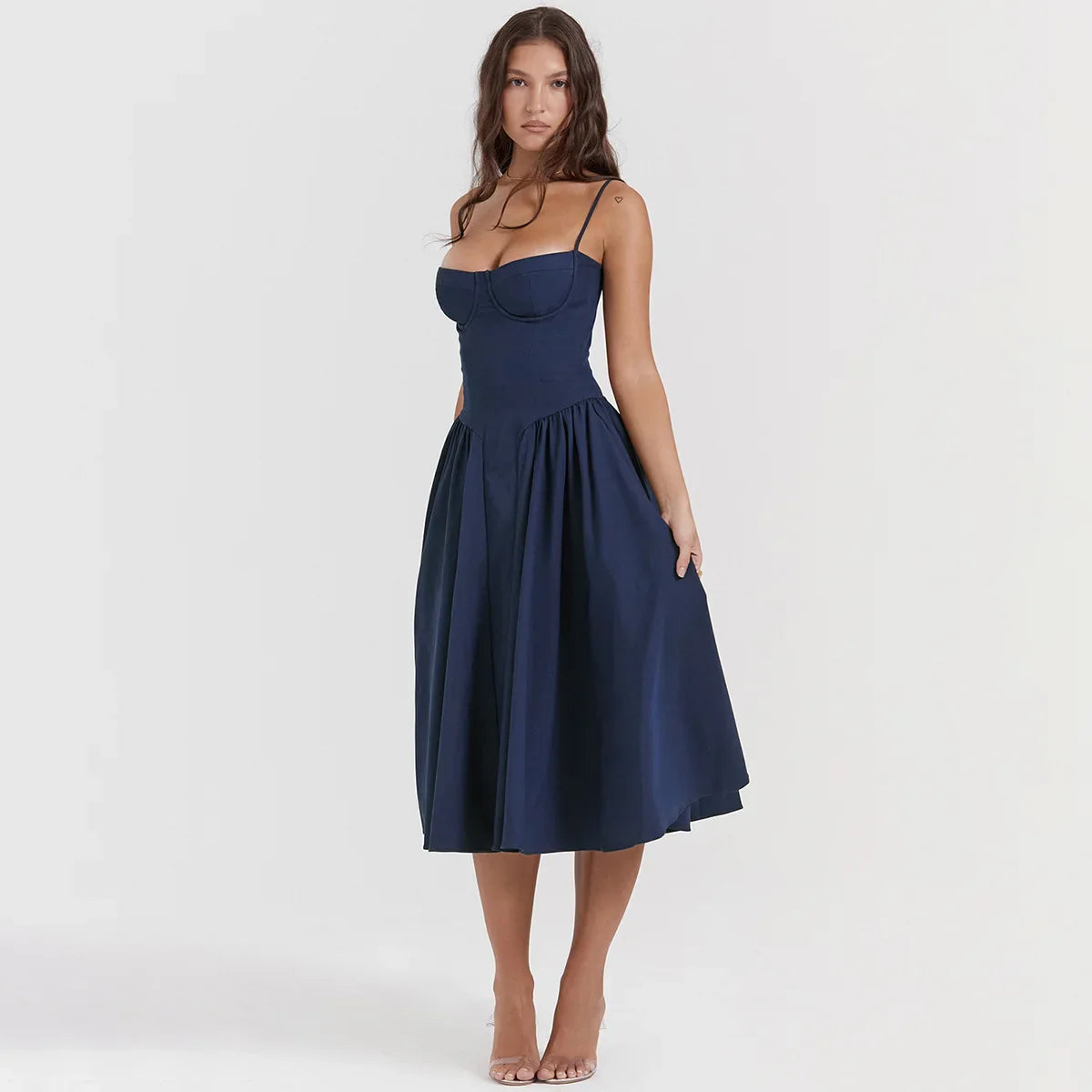 Women Elegant Sleeveless Backless Pleated Dresses Lady Sexy Solid Sling Midi Dress 2024 Female Party Evening A-line Robes