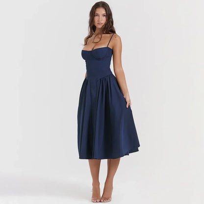 Women Elegant Sleeveless Backless Pleated Dresses Lady Sexy Solid Sling Midi Dress 2024 Female Party Evening A-line Robes