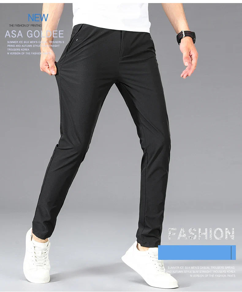 Business Thin Men's Breathable Pants Slim Straight High Elastic Slim Casual Pants Male Brand Clothing Khaki Gray Green Black