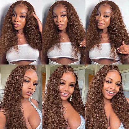 Chocolate Brown Curly Lace Front Wigs Human Hair Pre Plucked Deep Wave HD Transparent Lace Frontal Wig Brazilian Glueless Wigs