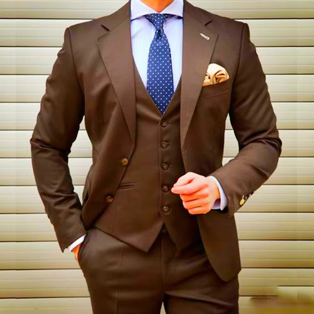 Coffee 3 Piece Weddi Suits for Men Slim Fit Groom Tuxedos Notch Lapel Business Formal Party Male Blazer Vest Pants Costume Homm