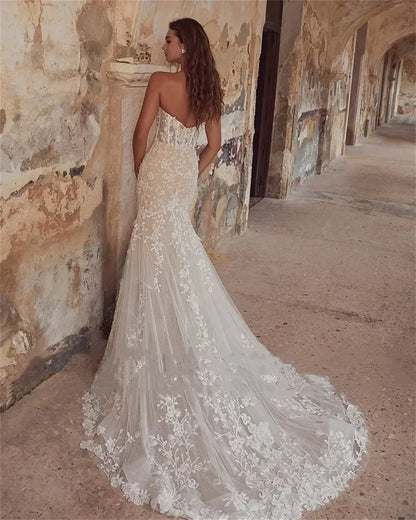Strapless Mermaid Wedding Dress With Shiny Sequins Sleeveless Court Training Lace Decal Bridal GownVestidoDeNovia