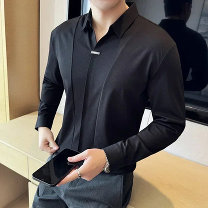 Stitching Special V-neck Long-Sleeved Polo Shirt, Men's High-Grade Elasticity Traceless Lapel T-shirt, Royal Blue Seamless Top