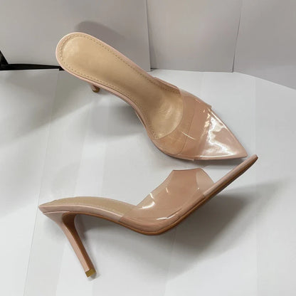 Novas Sandálias Femininas de Salto Alto de Verão Simples Transparentes de Salto Alto, Chinelos de Salto Agulha, Bico Fino, Aberto na Frente, Mules