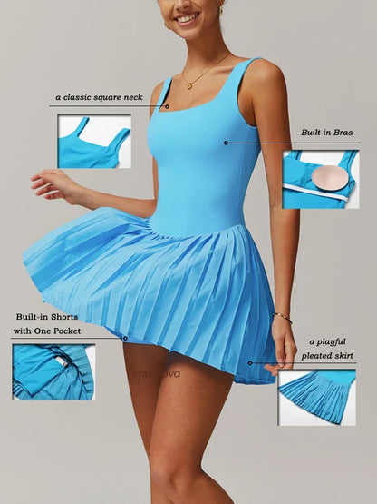 Workout Tennis Dress with Built in Shorts Square Neck Padded Workout Dress with Pockets Golf Athletic Mini Dresses