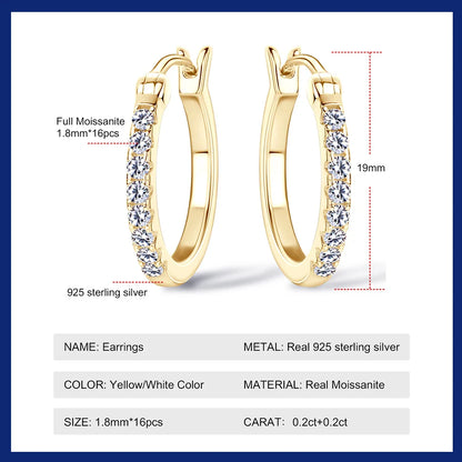 Hoops 1.8mm Moissanite Earrings For Women Real 925 Sterling Sliver Plated Yellow Gold Hoop Earring Fine Jewelry Christmas Gifts