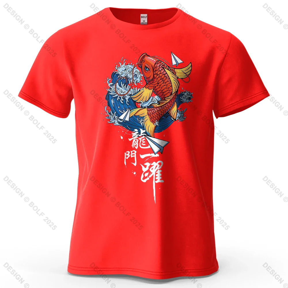 Dragon Gate Leap Printed Men's T-Shirt 100% Cotton Oversized Carp Good Luck Graphic Tees for Women Tops Tees Streetwear