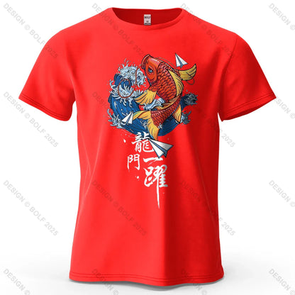 Dragon Gate Leap Printed Men's T-Shirt 100% Cotton Oversized Carp Good Luck Graphic Tees for Women Tops Tees Streetwear