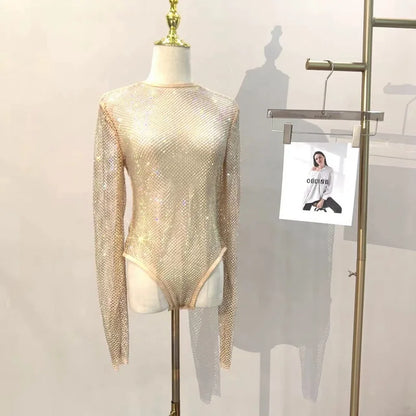 Women's Shiny Rhinestone Fishnet See-Through Bodysuit Mesh Fashion Sexy Bodysuit