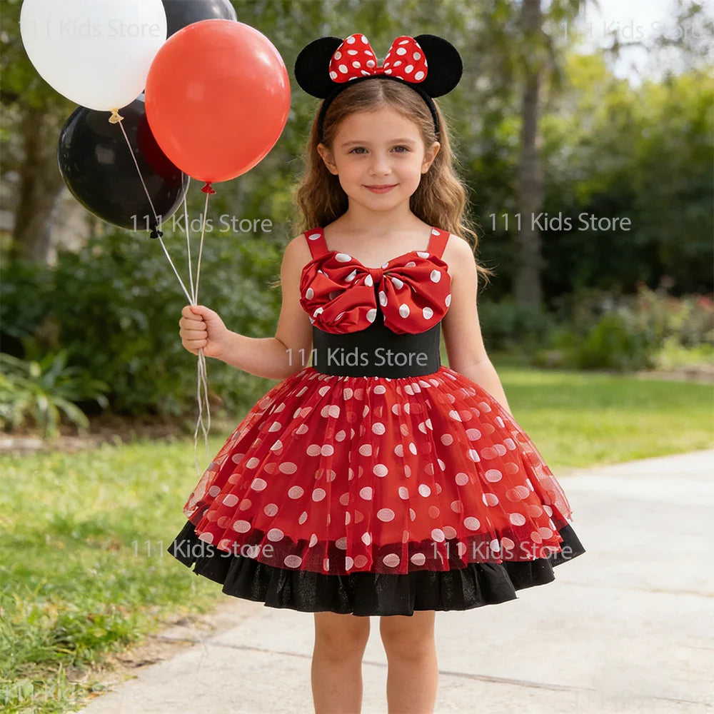 Polka Dot Girls Party Dresses Sleeveless Summer Bowknot Princess Dress Cartoon Mouse Cosplay Costume Kids Birthday Gift Outfit