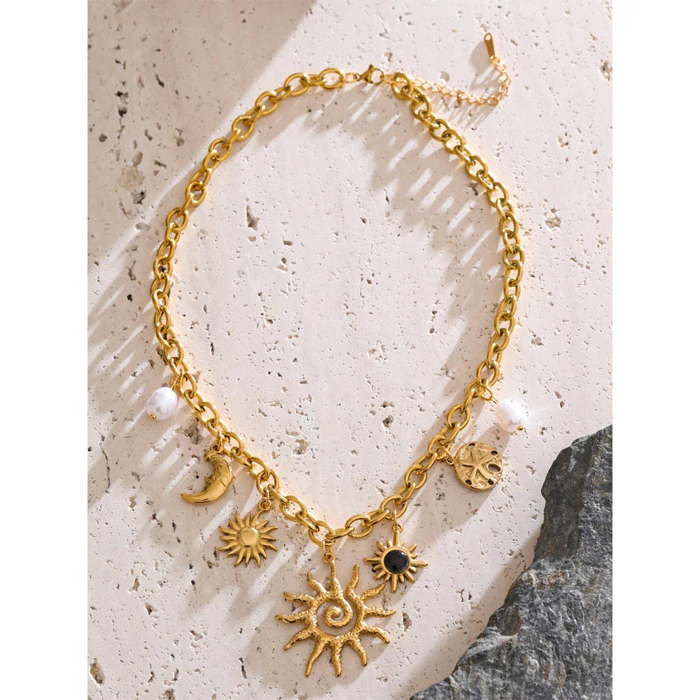 Trendy Starfish Moon Sun Shaped Pendant Charm Necklace Statement Stainless Steel Golden Chain Fashion Jewelry PVD Plated