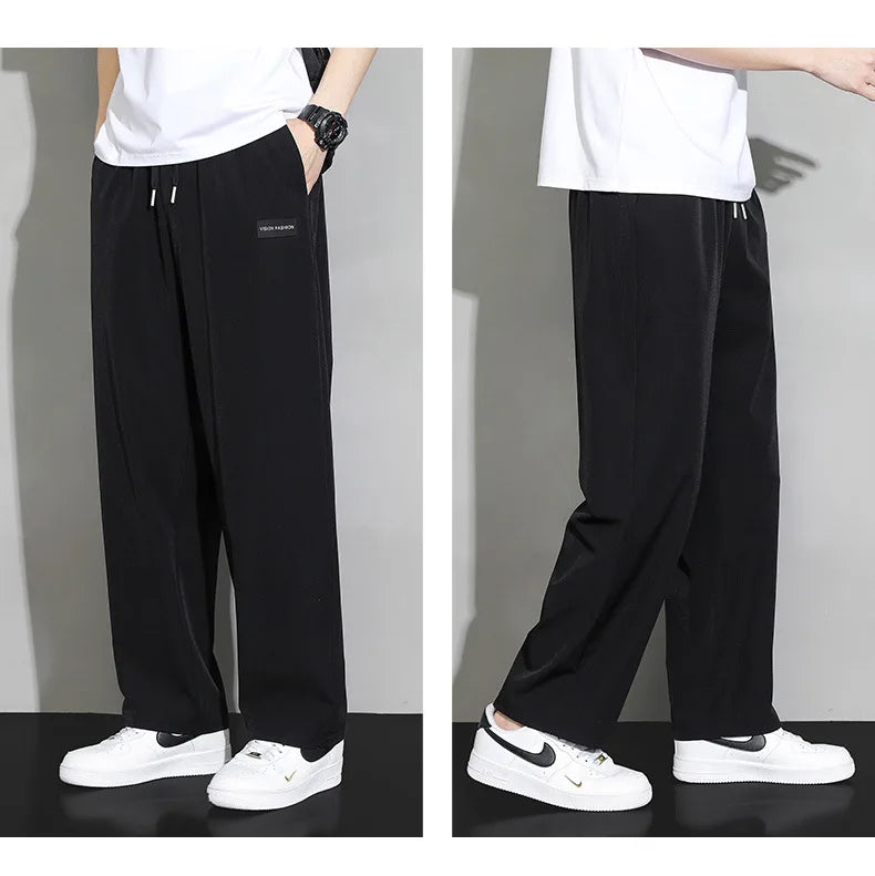 Men Drawstring Casual Pants Loose Drape Wide-leg Athleisure Pants Men Summer Thin Quick-drying Trousers Ice Silk Straight Pants