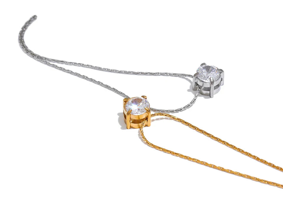 Korean Chic Stainless Steel Shiny Cubic Zirconia Cast Delicate Necklace Pendant for Women Daily Waterproof Basic Jewelry