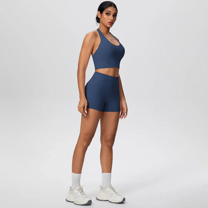2picese Women Yoga Suit Solid Color High Waist Hip Push Up Fitness Shorts Sexy Pilates Backless Gym Hanging Neck Bra Yoga Set