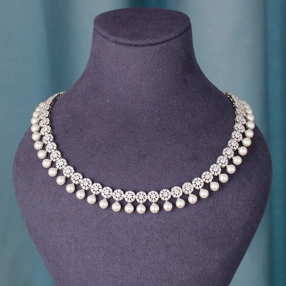 New Trendy Pearl Tassel 40cm Necklace Earring 4PCS Jewelry Set For Women Wedding Party Full Zircon Dubai Bridal Jewelry Set Gift