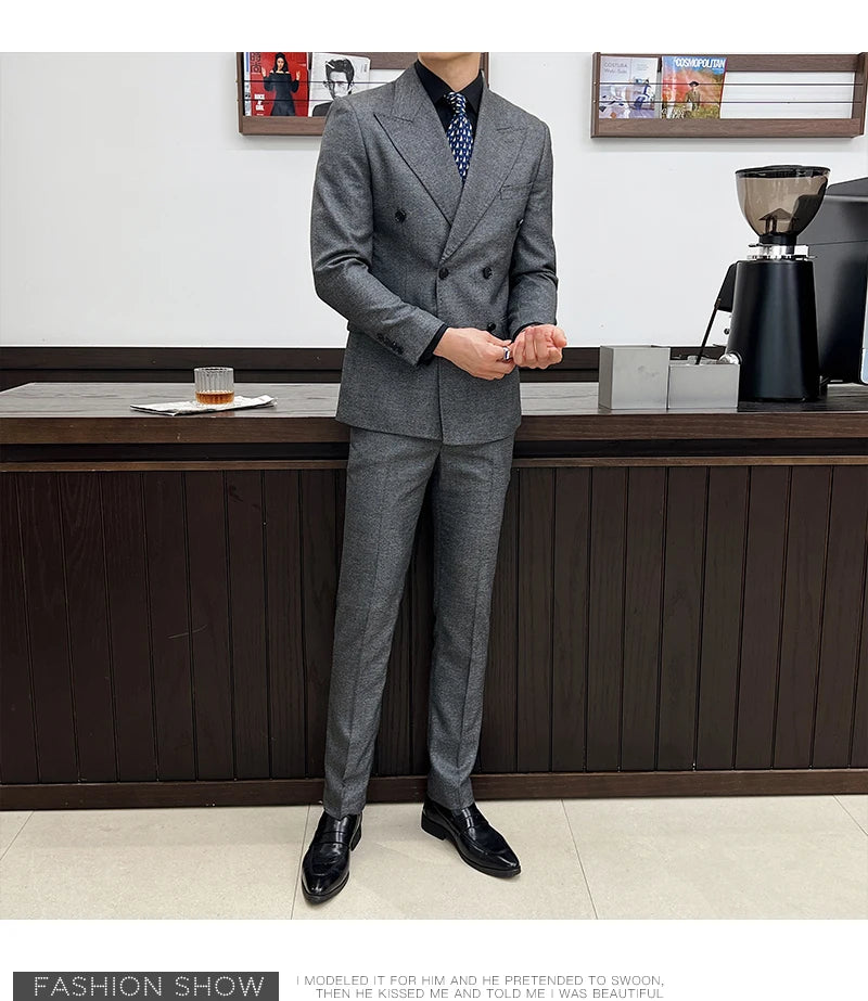 Men Vintage Luxury Double Breasted Slim Fit Lapel Evening Gown ltalian Style Fashion High-end Groom Wedding Party Tuxedo 2 Piece