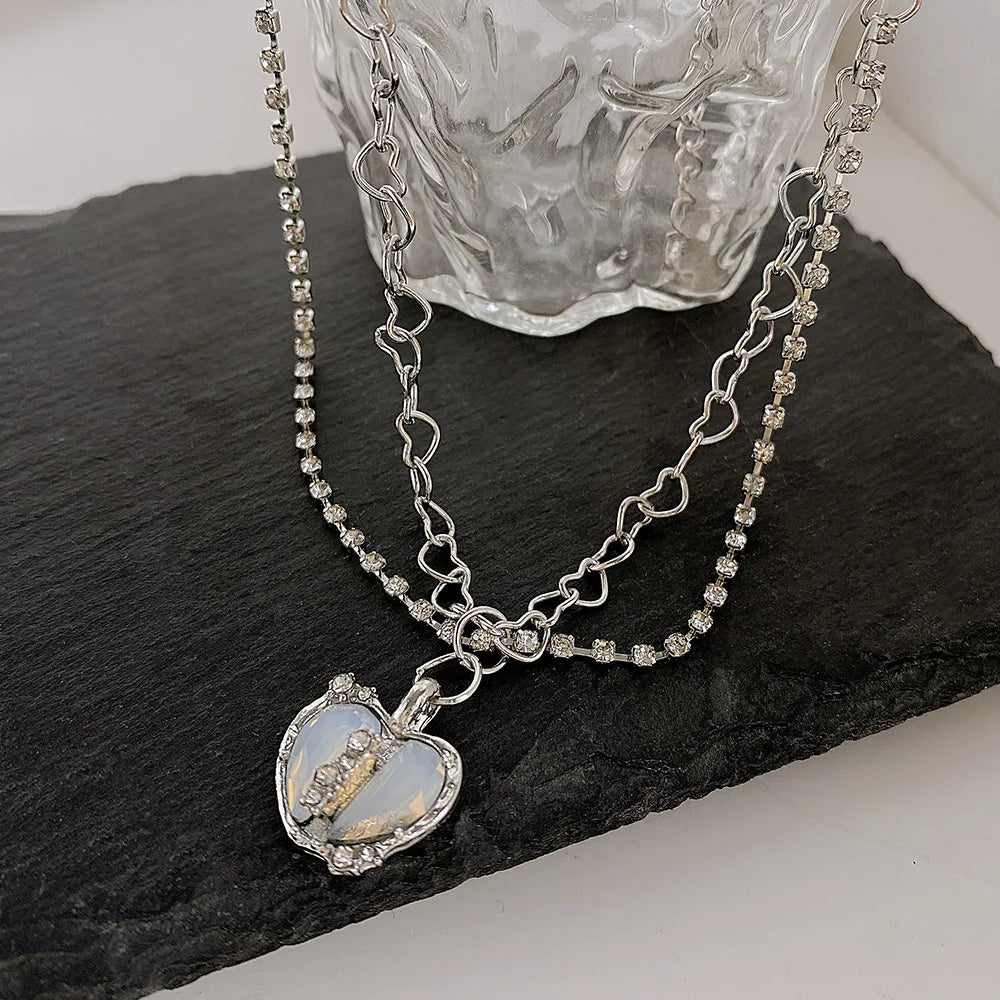 Y2K Accessories Fashion Peach Heart Water Drop Pendant Necklace Pink Crystal Egirl Sweet Cool Clavicle Chain Aesthetic Jewelry