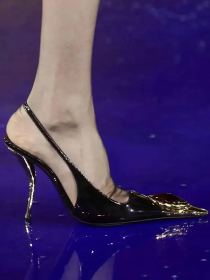 Luxury Metal Jewel Decoration Heels Women 2025 Sexy Pointed Toe Patent Leather Women Pumps Elegant Banquet High Heeled Sandals