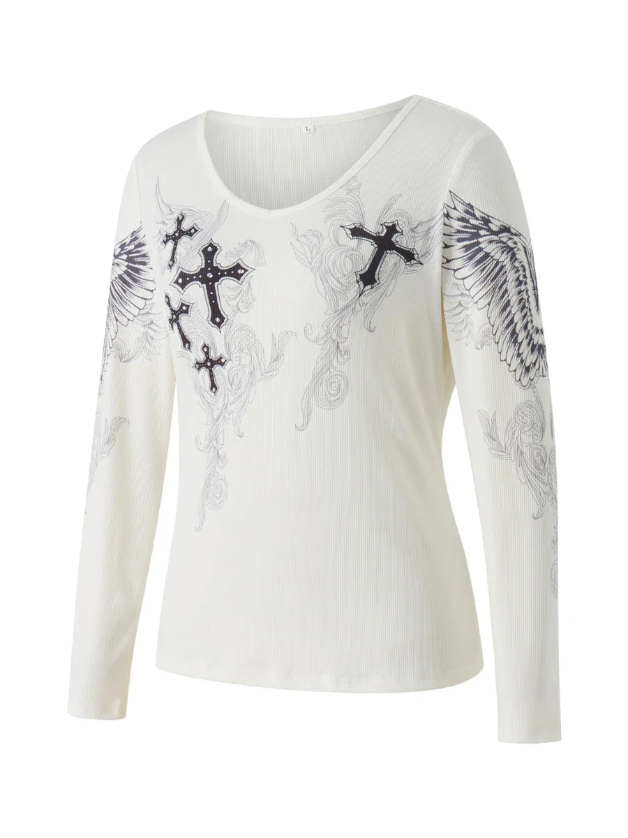 Y2k Graphic Cross Wings Print Long Sleeve Women Grunge Fairy T-shirt Harajuku Tee 2000s Aesthetic Punk Style Clothes Streetwear