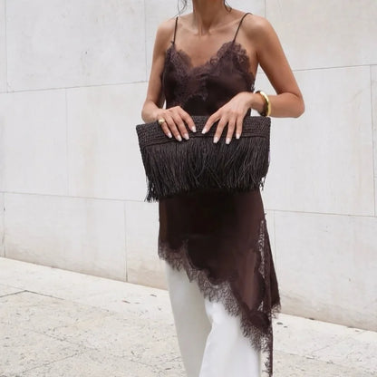 Soft Womens Satin Lace Trim Asymmetrical Top Y2k Irregular Hem Tanks Vest Top V Neck Coquette Going Out Camis Tops Streetwear