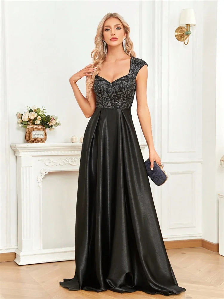 Vestido Longo Preto Elegante com Lantejoulas para Noite Feminino 2025 Luxuoso Decote U Cetim Formatura Festa Coquetel