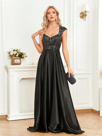 Vestido Longo Preto Elegante com Lantejoulas para Noite Feminino 2025 Luxuoso Decote U Cetim Formatura Festa Coquetel