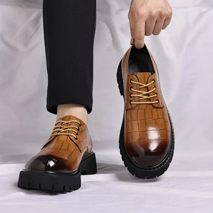 Business Formal Big Head Leather Shoes Men Spring Autumn Fashion Platform Shoes Male Lace Designer Stone Pattern Dress Shoes Man