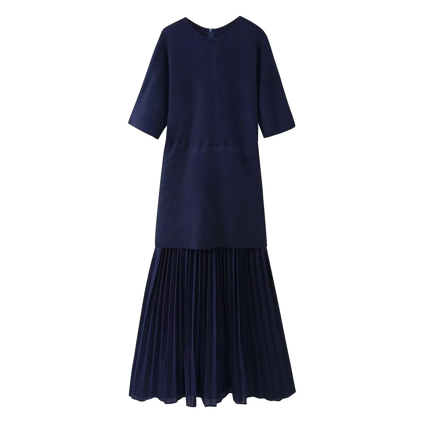 Women Elegant Half Sleeves O-Collar Pleated Dress Spring Woman Rear Zipper Splicing Vintage Casual Knitted Long Dress
