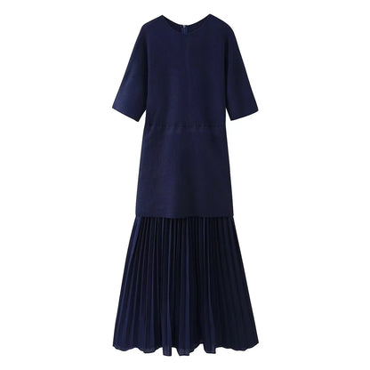 Women Elegant Half Sleeves O-Collar Pleated Dress Spring Woman Rear Zipper Splicing Vintage Casual Knitted Long Dress