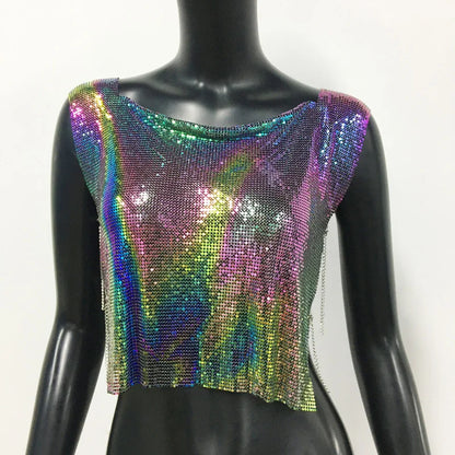 Women Metal Sequins Crop Tops Sexy Hollow Out Sleeveless Backless Y2k Tank Tops Nightclub Party Rave Festival Camisole 2023 New